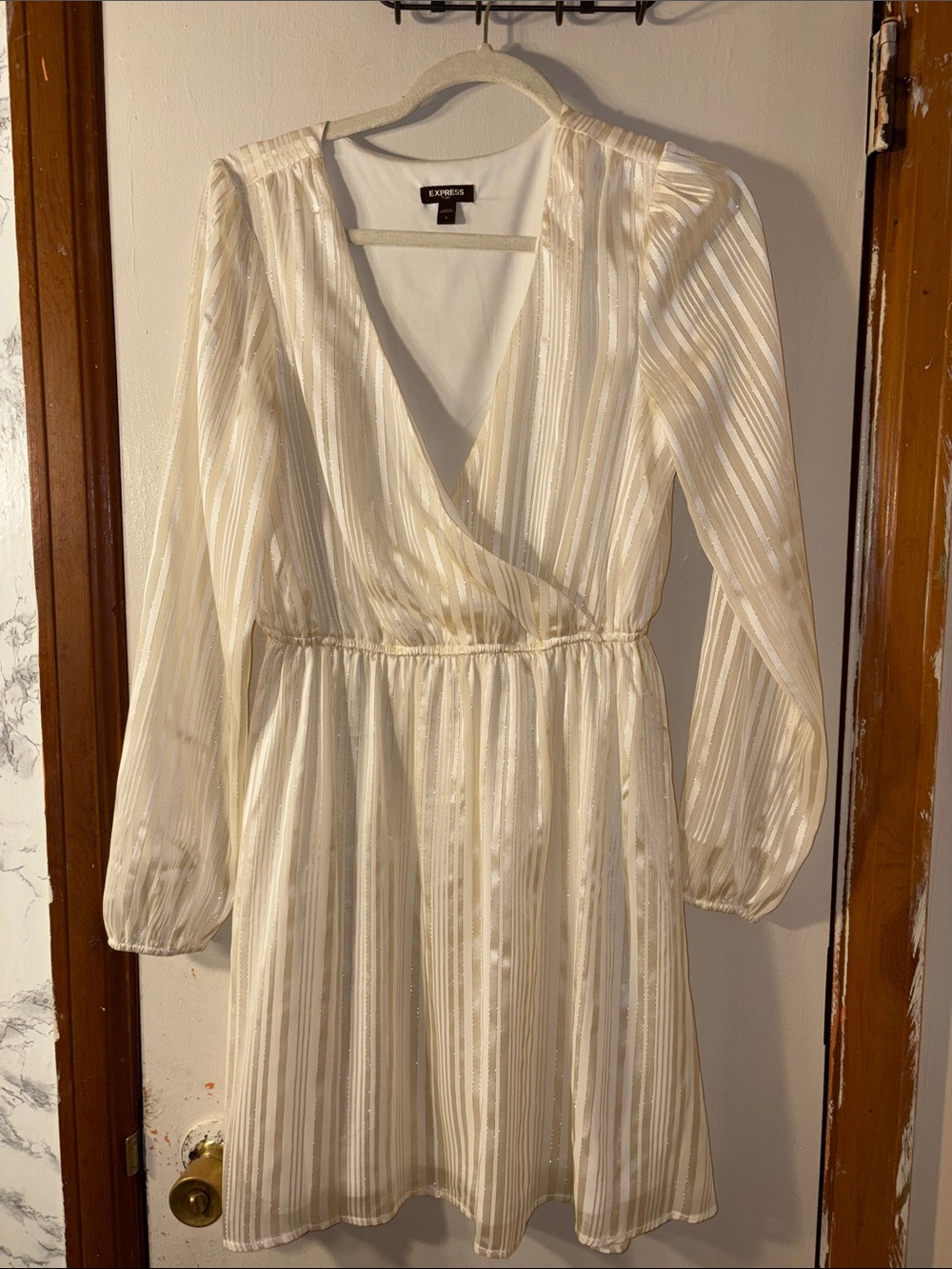 Express Ivory color Striped Long-Sleeve Wrap Dress
